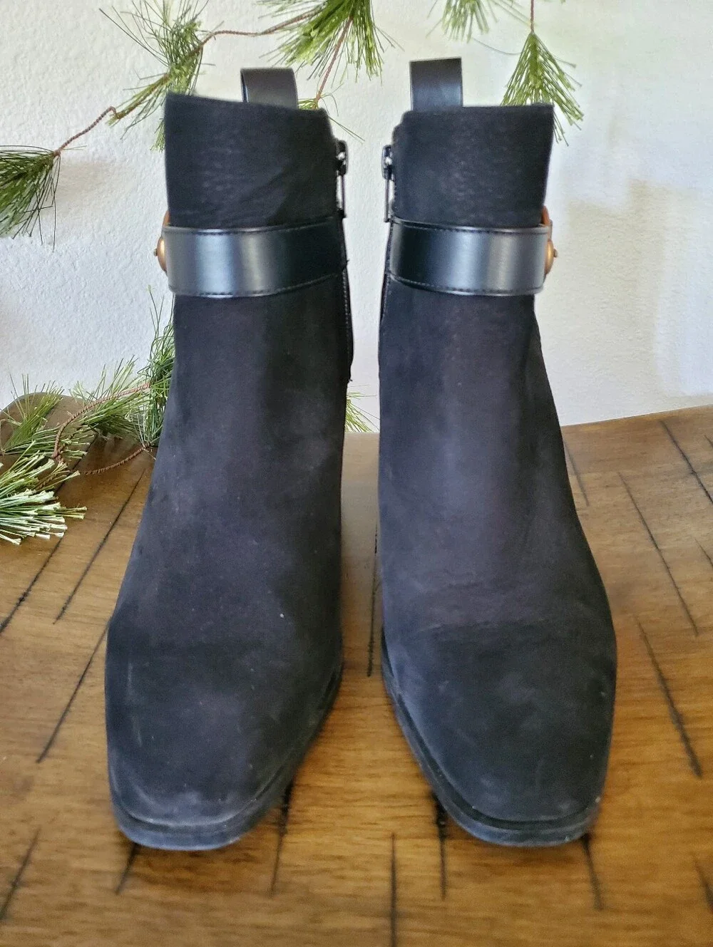 Vionic Tenley Square Toe Black Suede Ankle Booties Strap Buckle